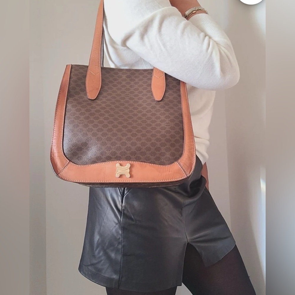 CÉLINE Bag. Celine Triomphe Vintage Monogrammed Macadam Brown Shoulder Bag